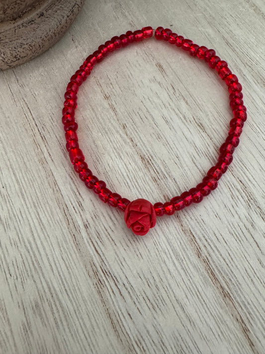 Handmade Red Beaded Stretch Bracelet with Rose Bead – 7 Inches