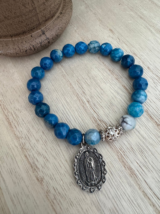Blue Stone Stretch Bracelet with Our Lady of Guadalupe Charm