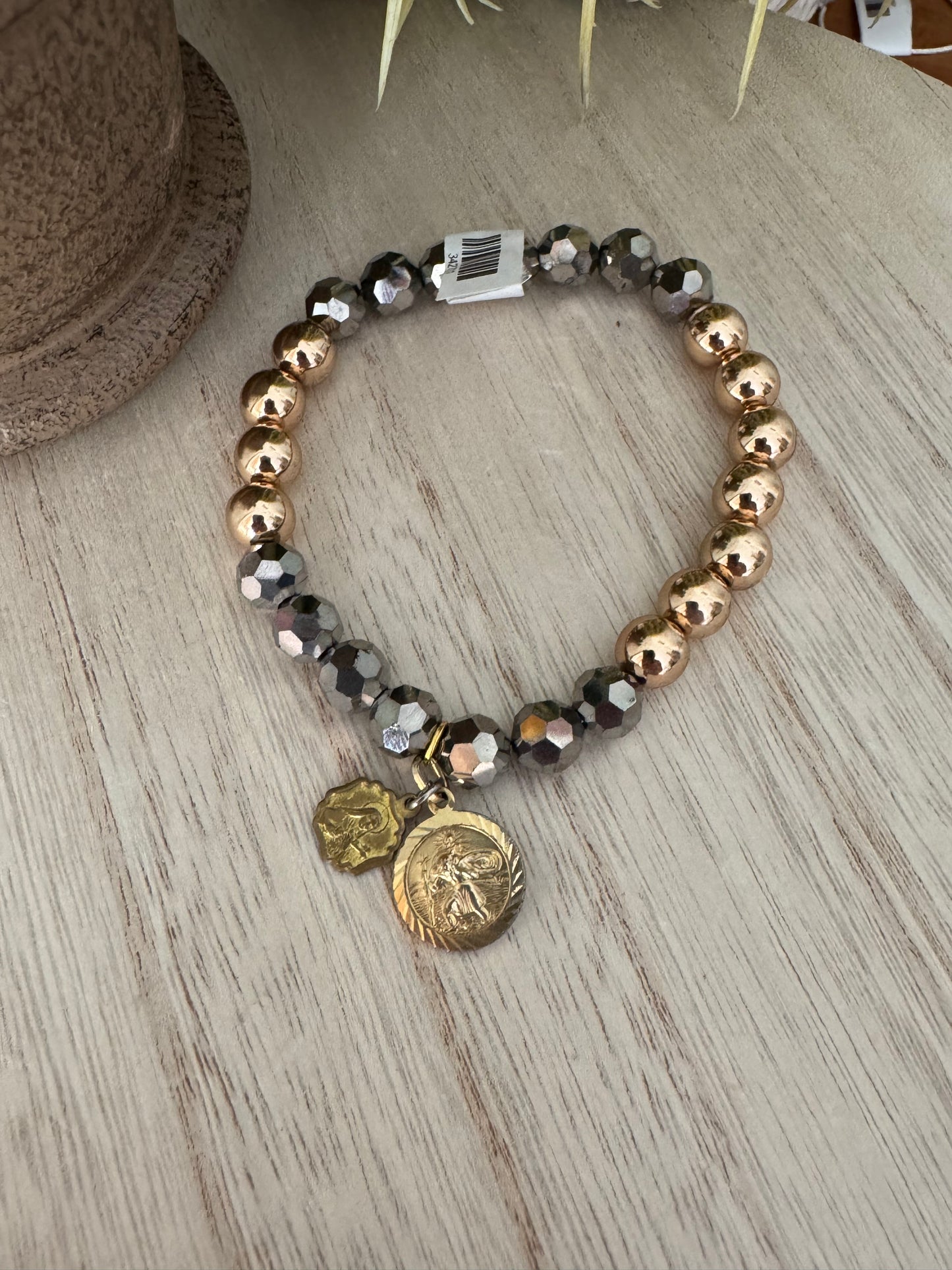 Gold & Silver Sparkle Stretch Bracelet with Vintage Saint Medals