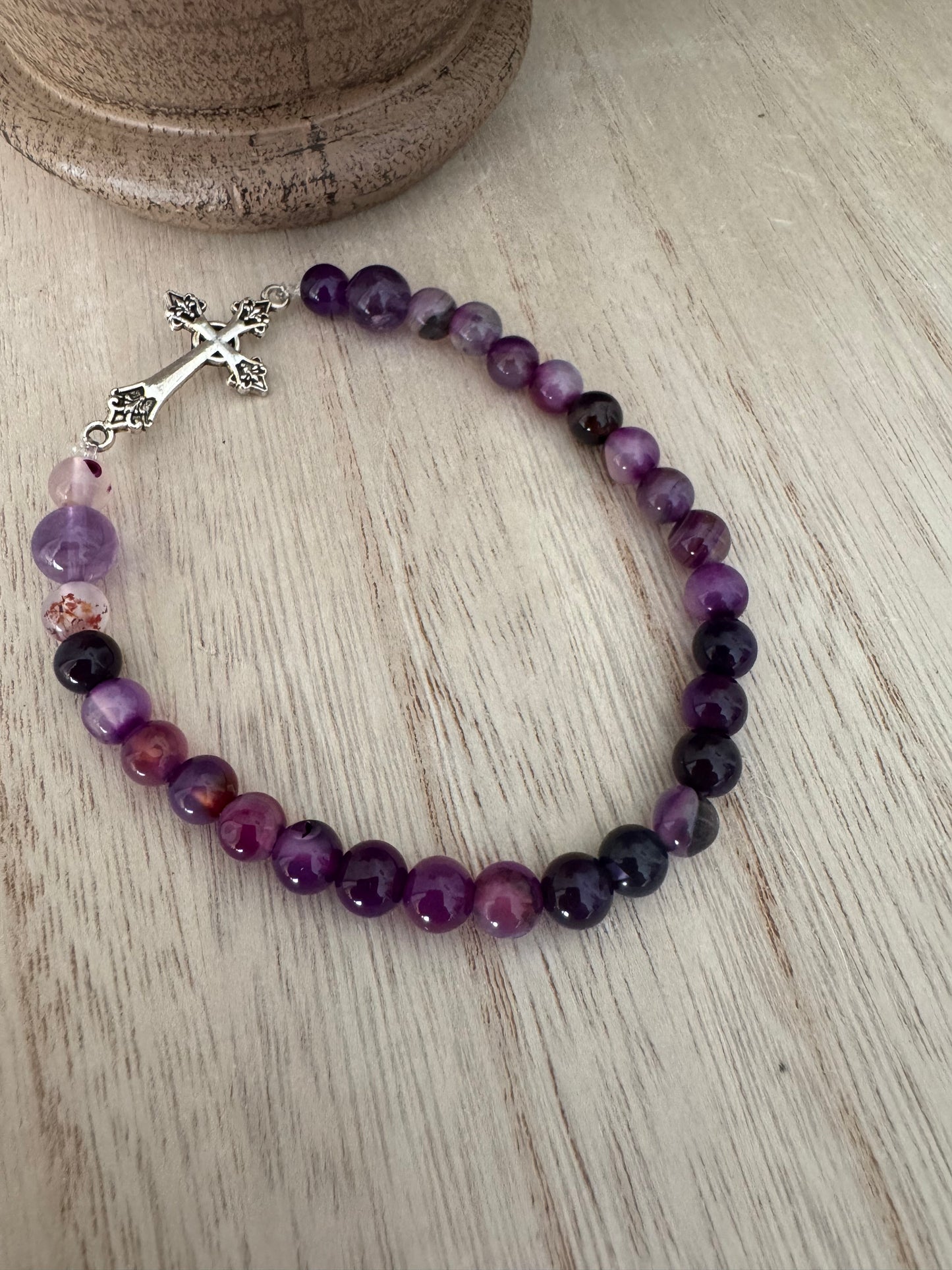 Purple Beaded Stretch Bracelet with Silver Cross – 8 Inches