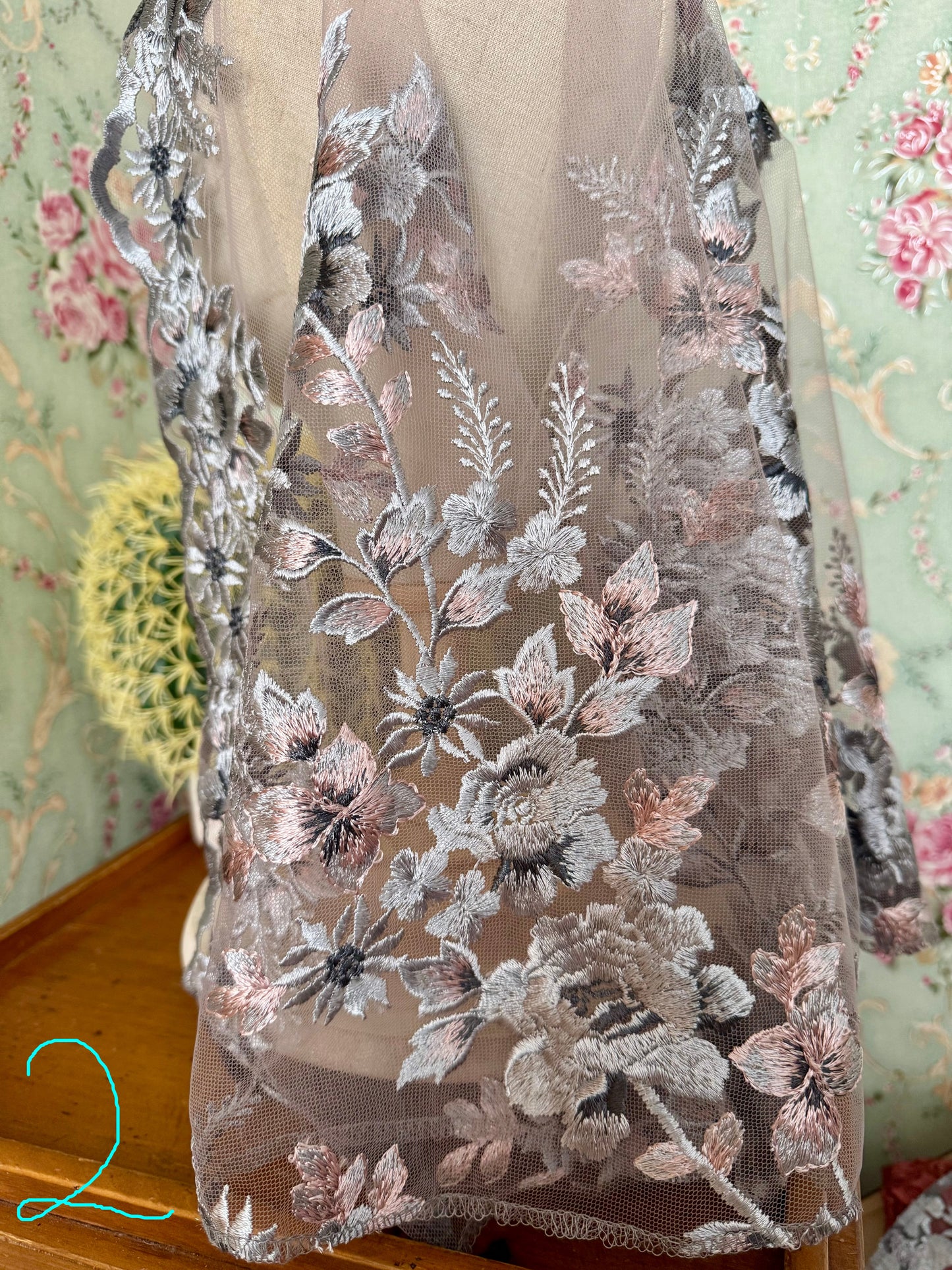 Mary’s Garden Mantilla • Limited Edition • Beautiful Blue & Pink Floral Embroidery • With Clips