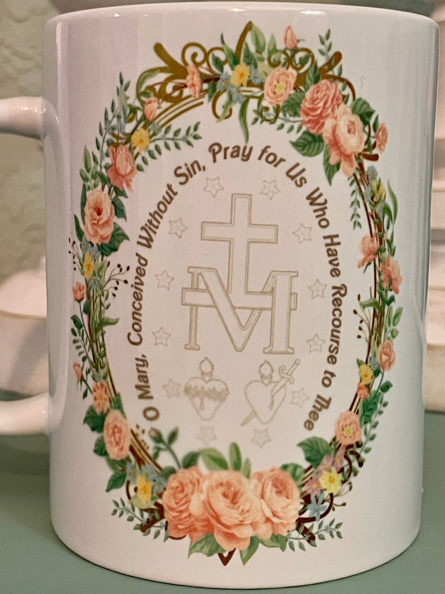 Miraculous Medal & Floral 15oz Coffee Mug