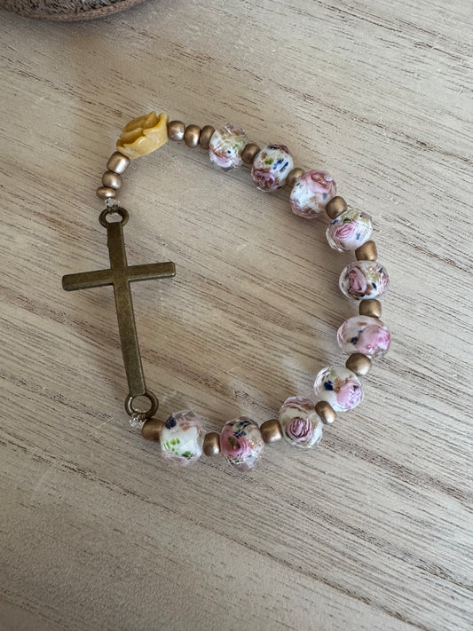 Sparkly Pink Rose Bead Rosary Bracelet with Gold Seed Bead Accents and Bronze Cross