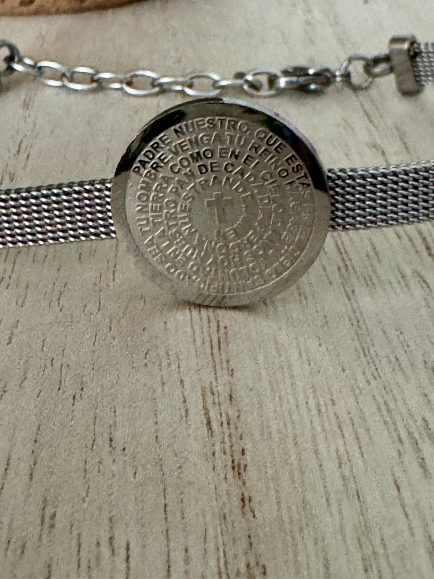 Stainless Steel Adjustable Bracelet with Our Father Prayer in Spanish