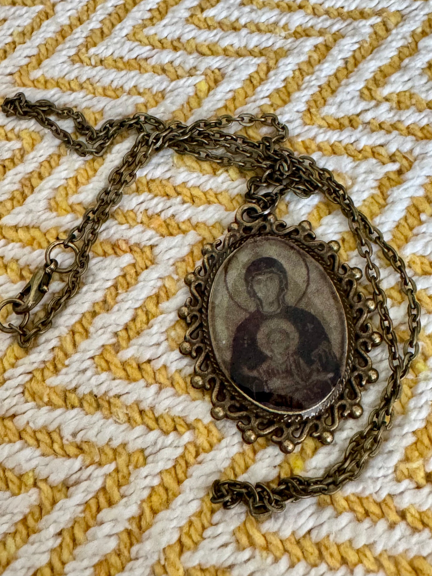 20” Vintage-Style Bronze Catholic Sacred Image Our Lady of Perpetual Help Necklace – Handmade Religious Gift