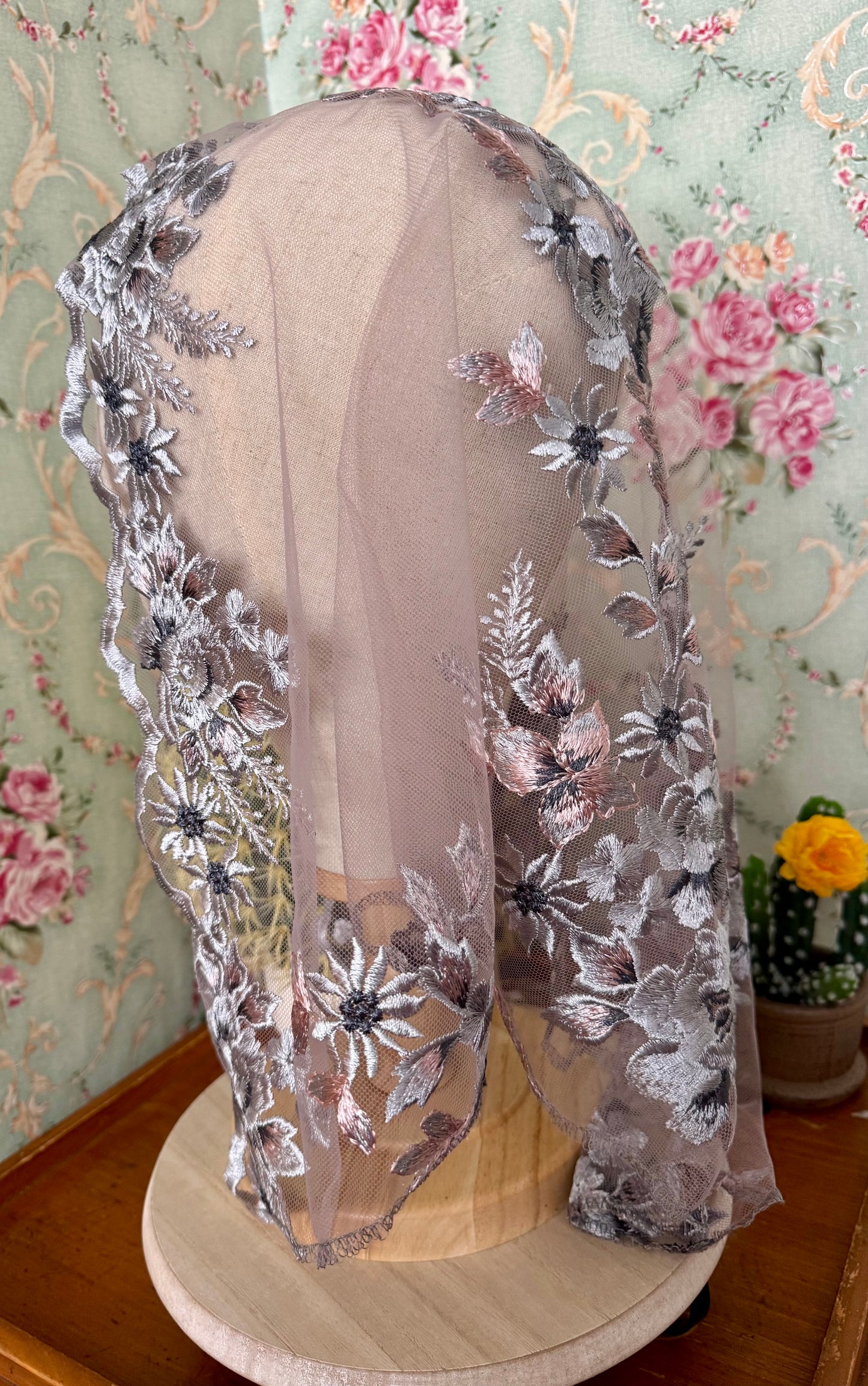 Mary’s Garden Mantilla • Limited Edition • Beautiful Blue & Pink Floral Embroidery • With Clips