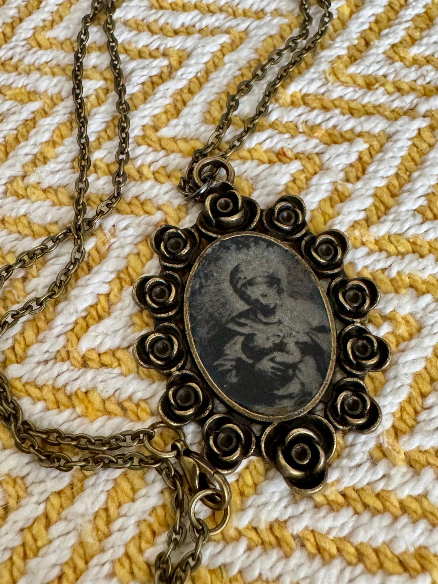 20” Vintage Style Bronze Catholic Mary with Baby Jesus Image Necklace