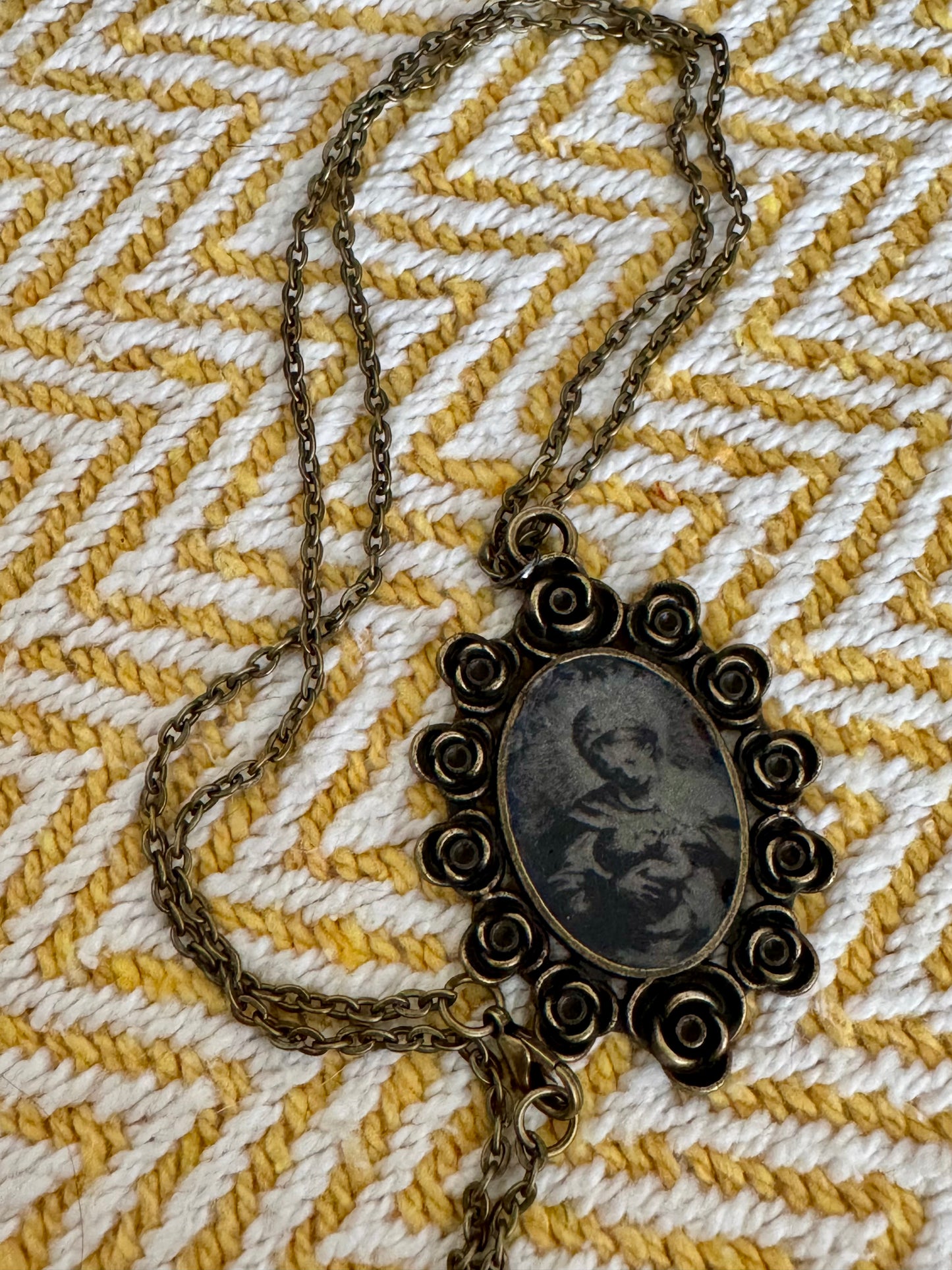 20” Vintage Style Bronze Catholic Mary with Baby Jesus Image Necklace