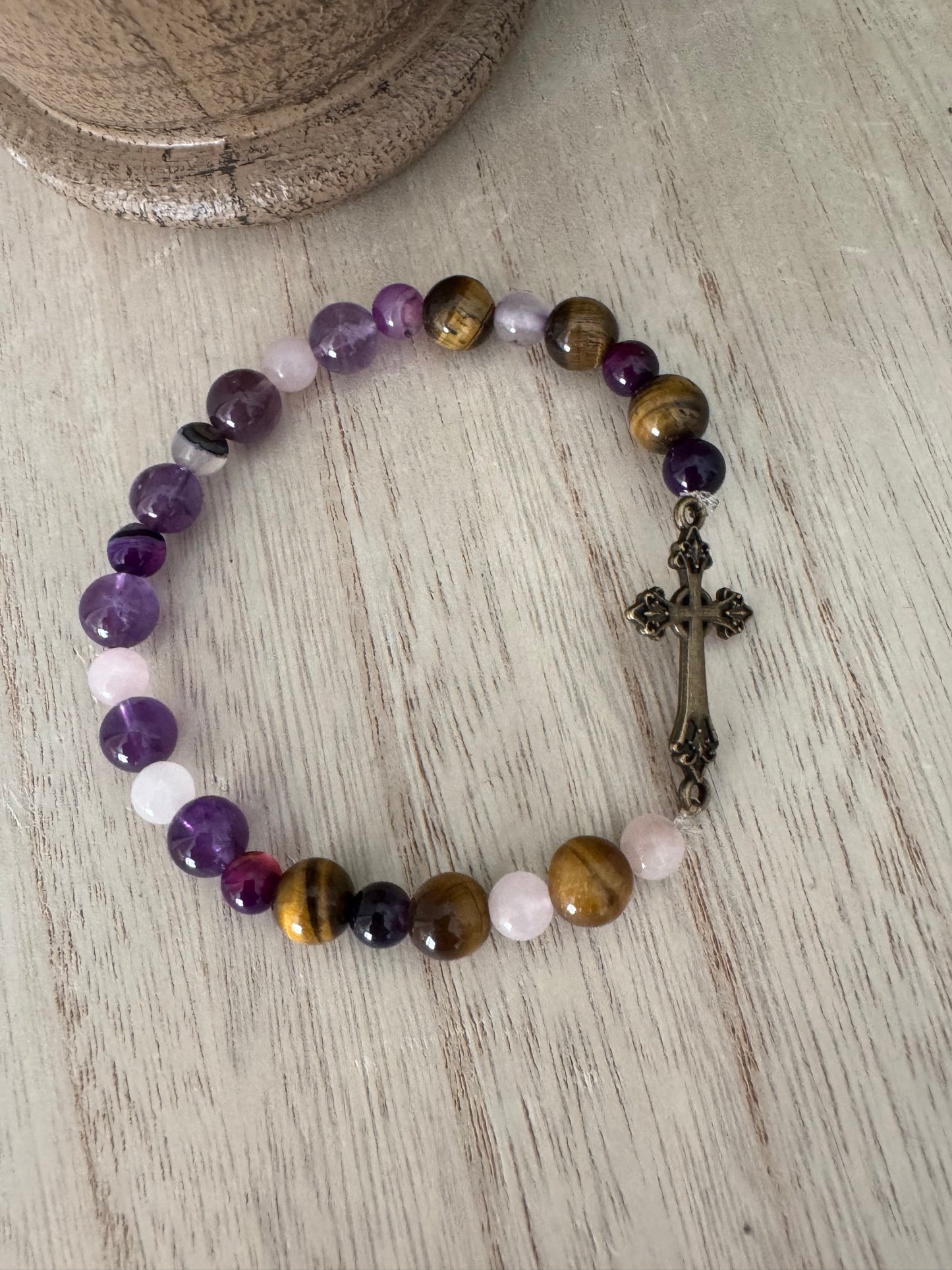 Purple & Brown Stretch Bracelet with Bronze Cross