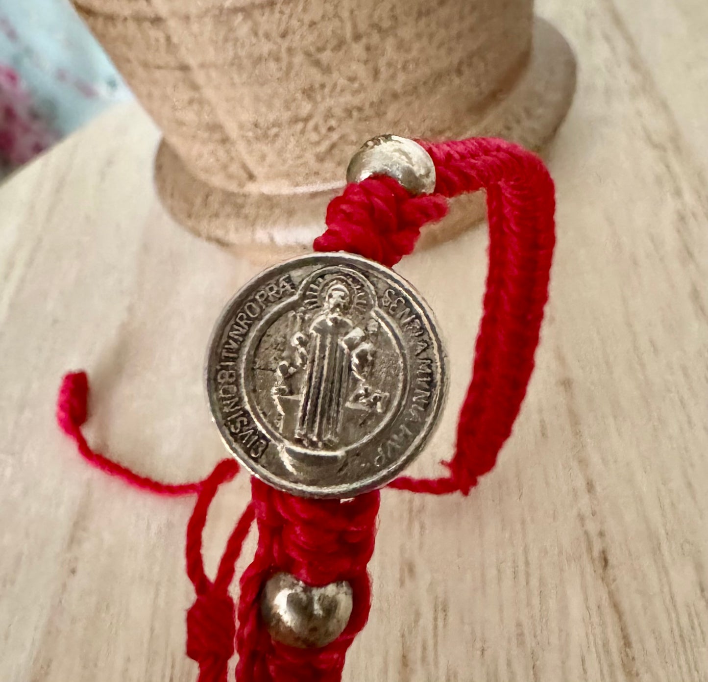 Adjustable Red Braided Bracelet with St. Benedict Medal