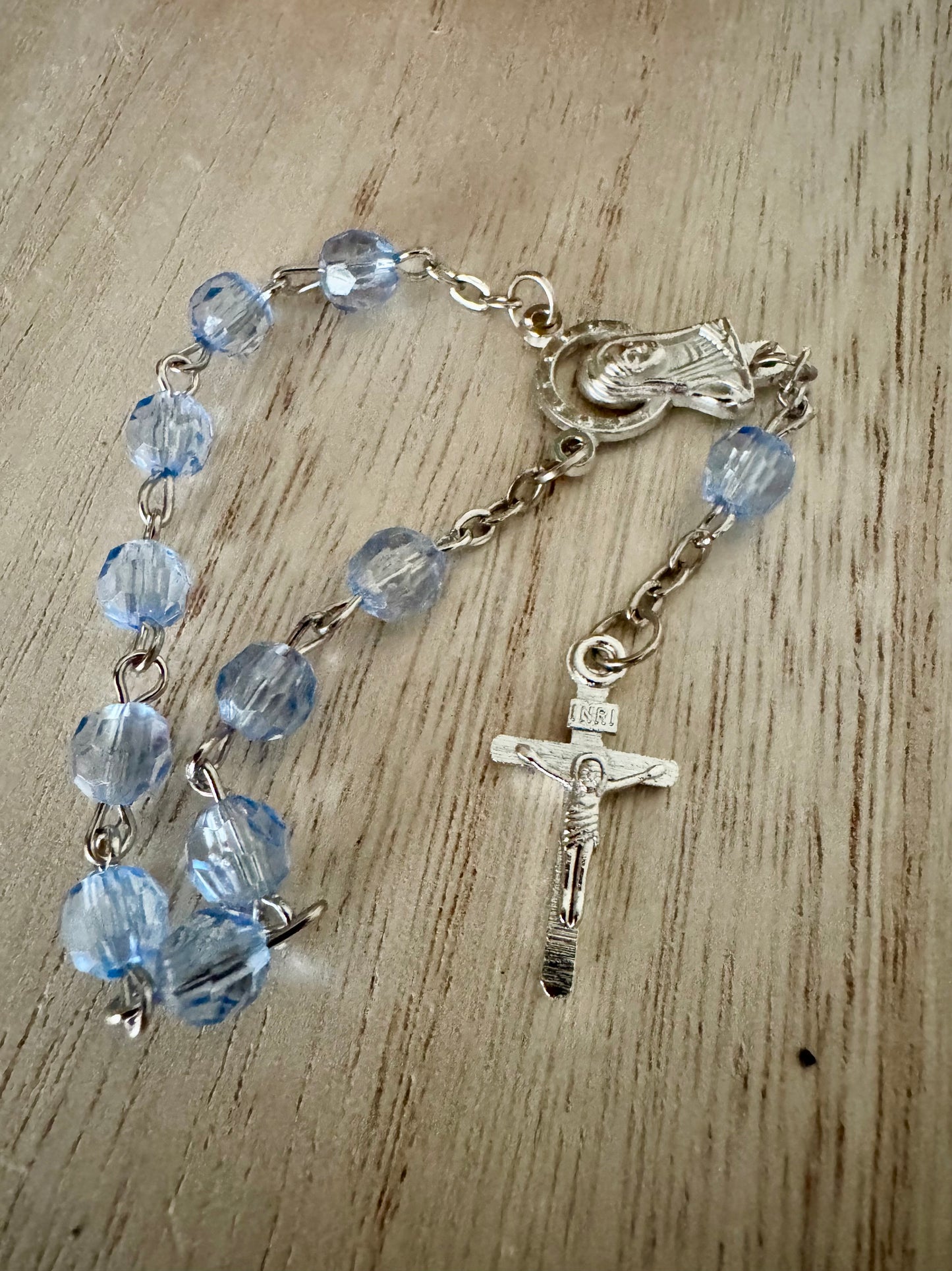 Single-Decade Rosary with Bluish-Purple Plastic Beads and Silver Accents