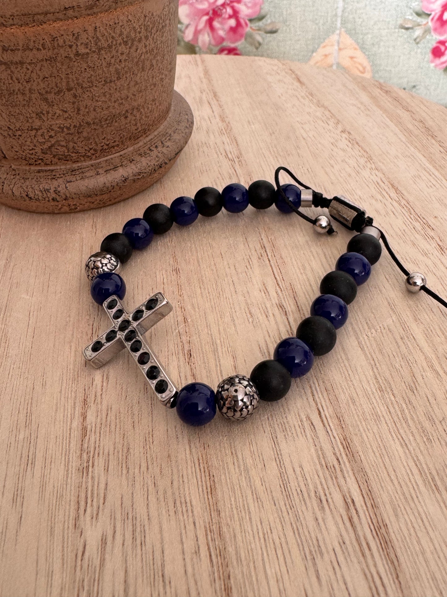 Adjustable Blue & Black Acrylic Bead Bracelet – Silver Cross with Black Accents – Catholic Faith Jewelry
