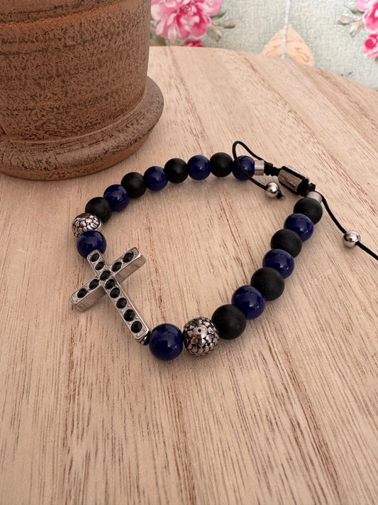 Adjustable Blue & Black Acrylic Bead Bracelet – Silver Cross with Black Accents – Catholic Faith Jewelry
