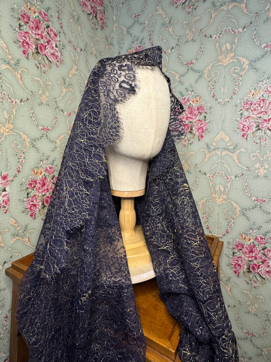 Blue & Gold Chantilly Lace Infinity Chapel Veil – Blue & Gold Accents | 26 x 28 |