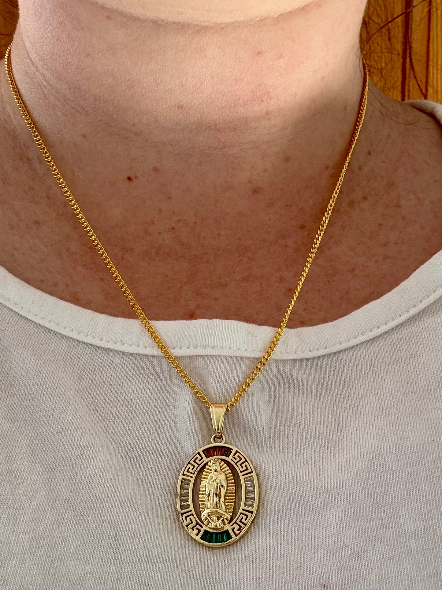 Our Lady of Guadalupe Necklace – Gold-Colored Metal with Red, White, and Green Accents