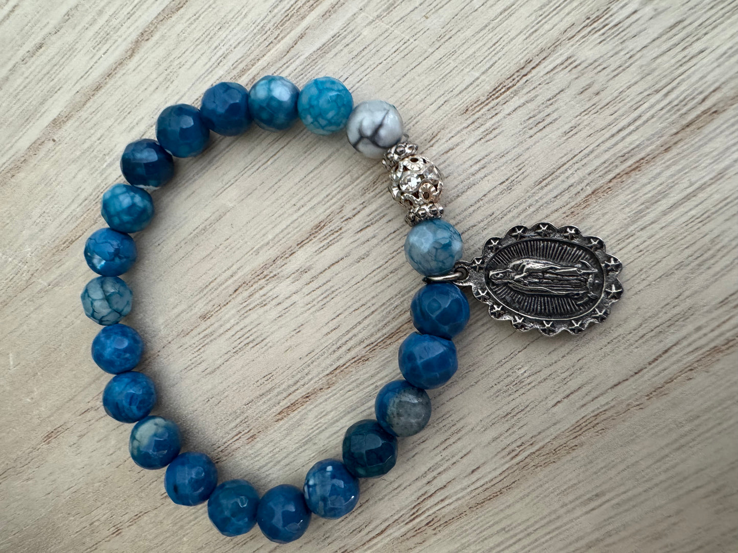Blue Stone Stretch Bracelet with Our Lady of Guadalupe Charm