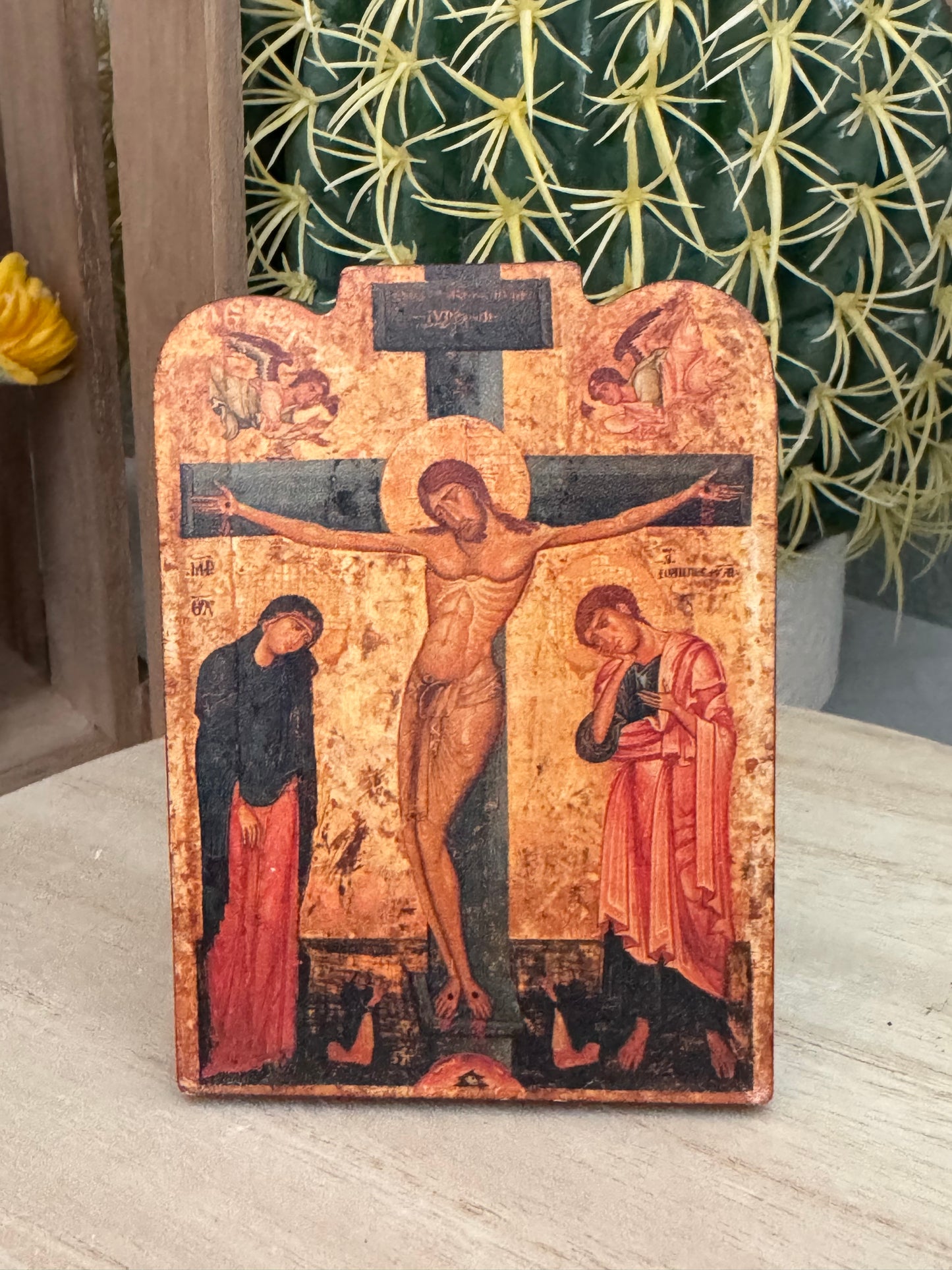 Crucifixion Wooden Icon – 4 x 2.75 Inches