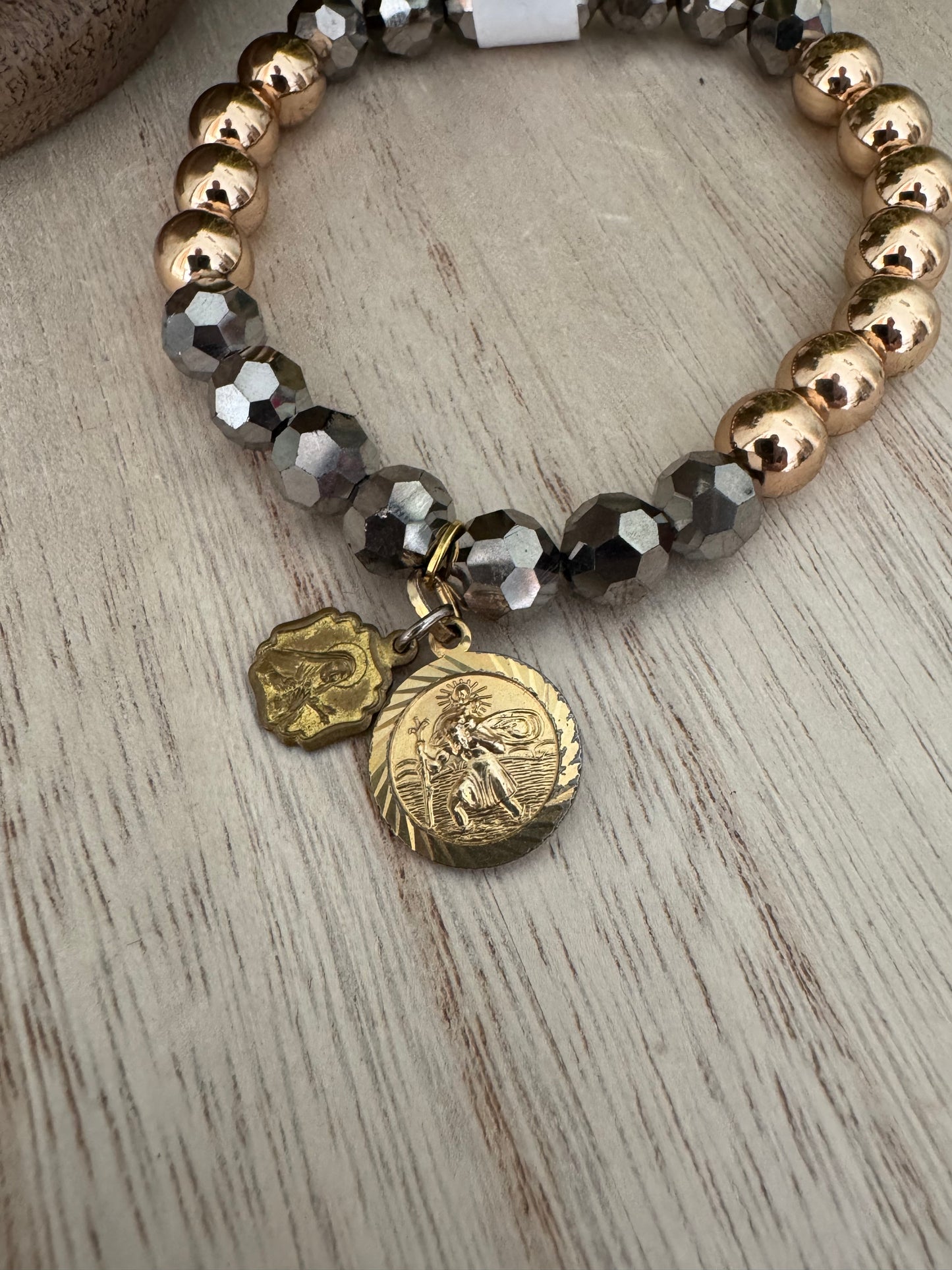 Gold & Silver Sparkle Stretch Bracelet with Vintage Saint Medals