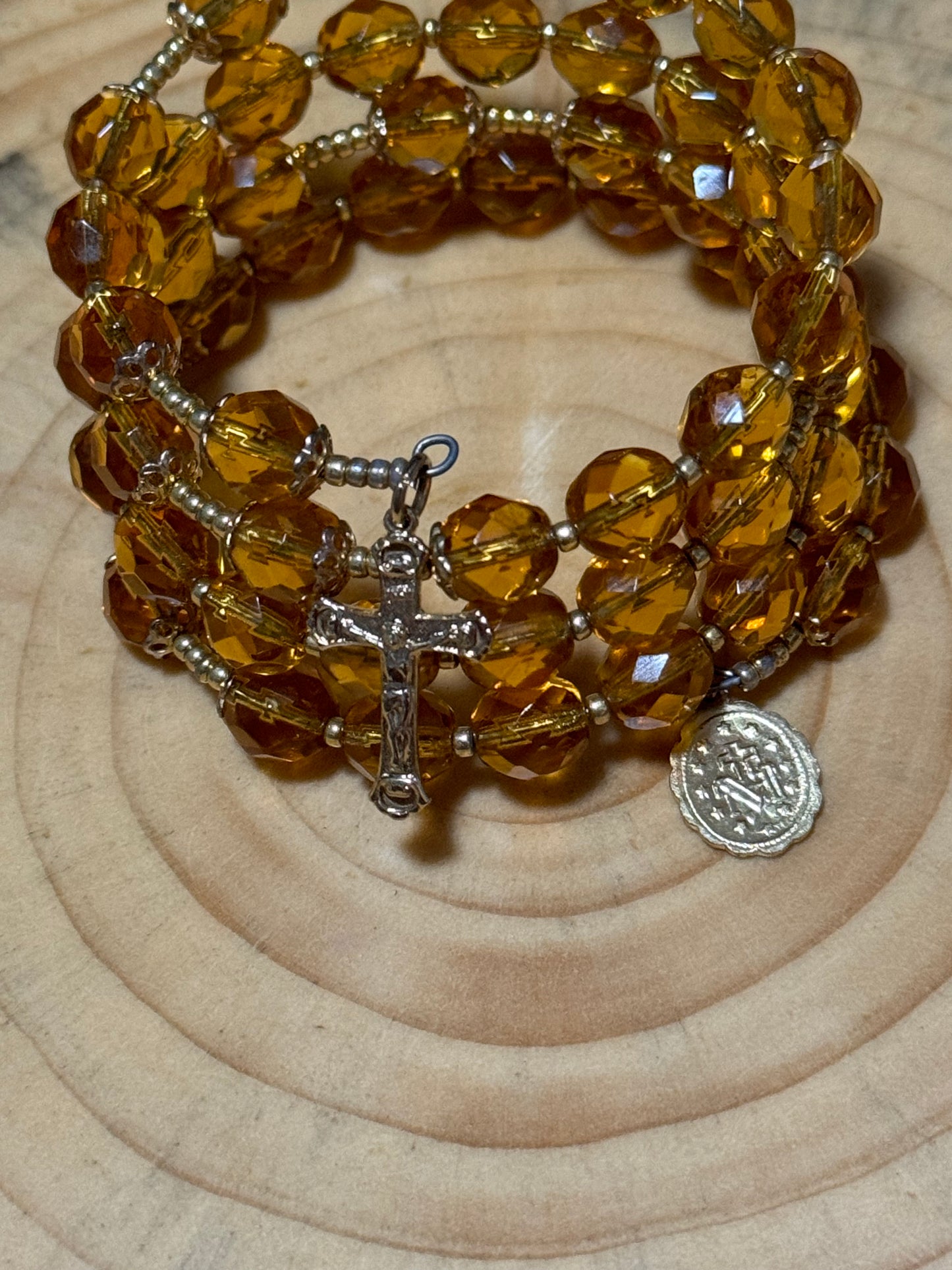 Orange wire wrap rosary bracelet