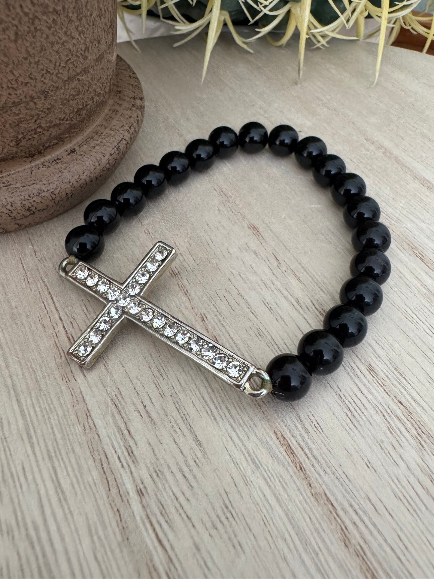 Black Stretch Bracelet with Vintage Rhinestone Cross