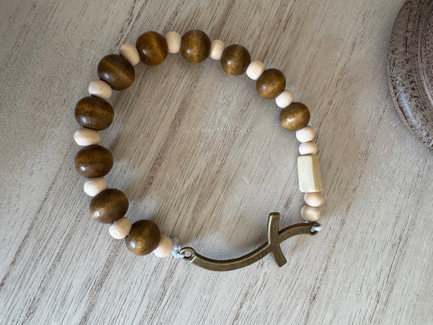 Natural and Dark Wood Rosary Bracelet with Bronze Cross