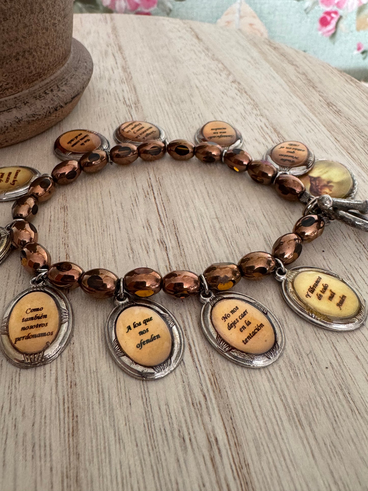 Handmade Vintage Charm Bracelet – Gold Oval Beads – Jesus & “Padre Nuestro” Prayer Charms (Spanish)