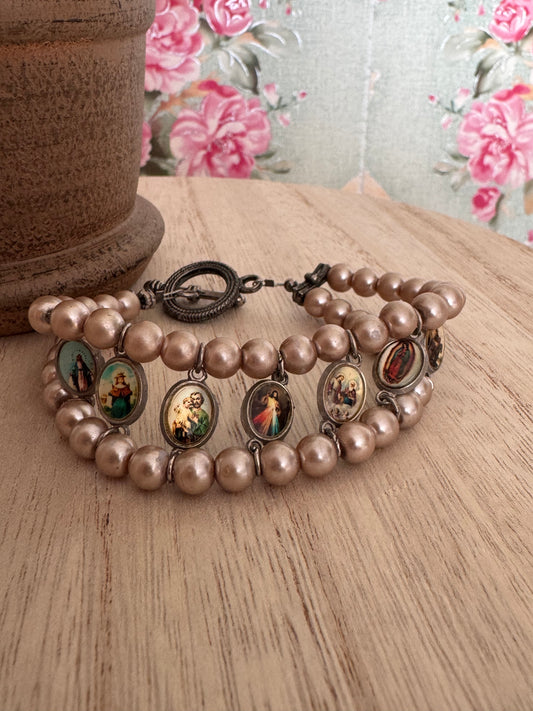 Vintage Handmade Charm Bracelet – Faux Pink Pearl Beads – Catholic Saints & Marian Devotions