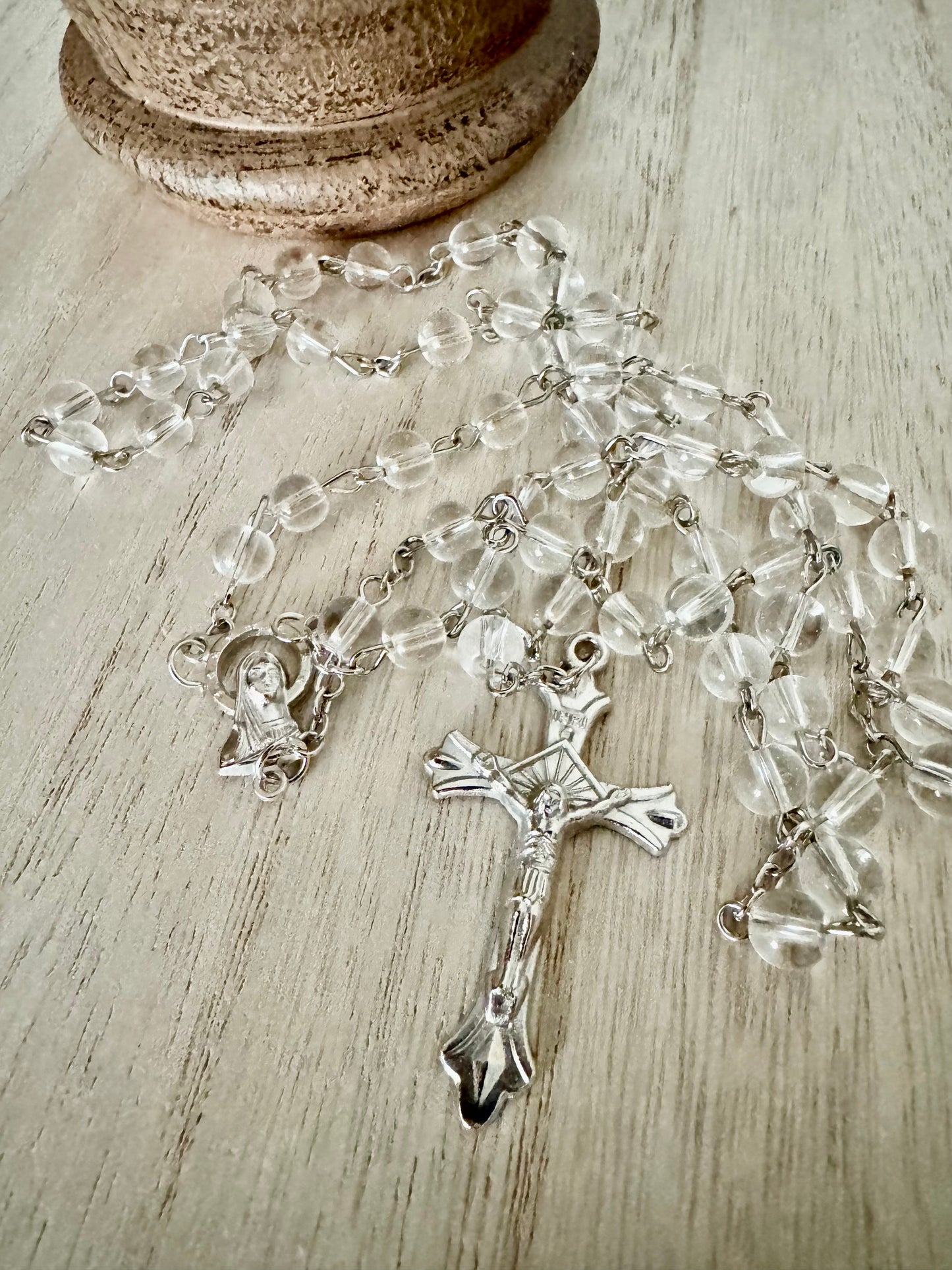 Plastic Clear Round Bead Rosary with Silver Accents – 20 Inches