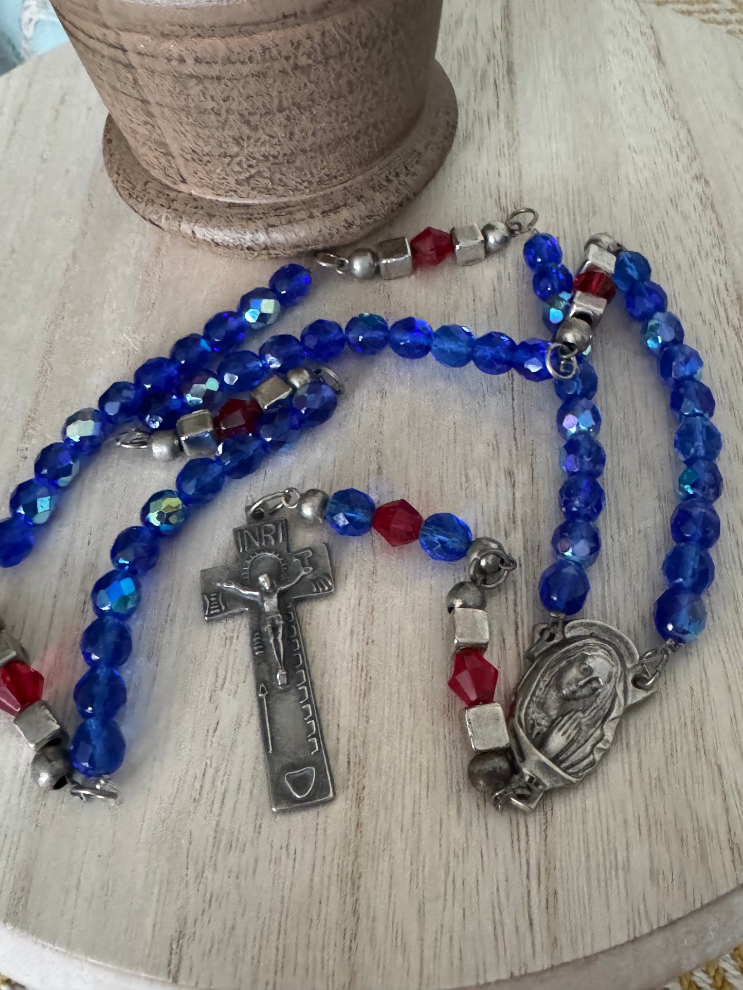Handmade Metal Core Rosary with Blue Crystal-Like Beads and Vintage Crucifix – AS IS