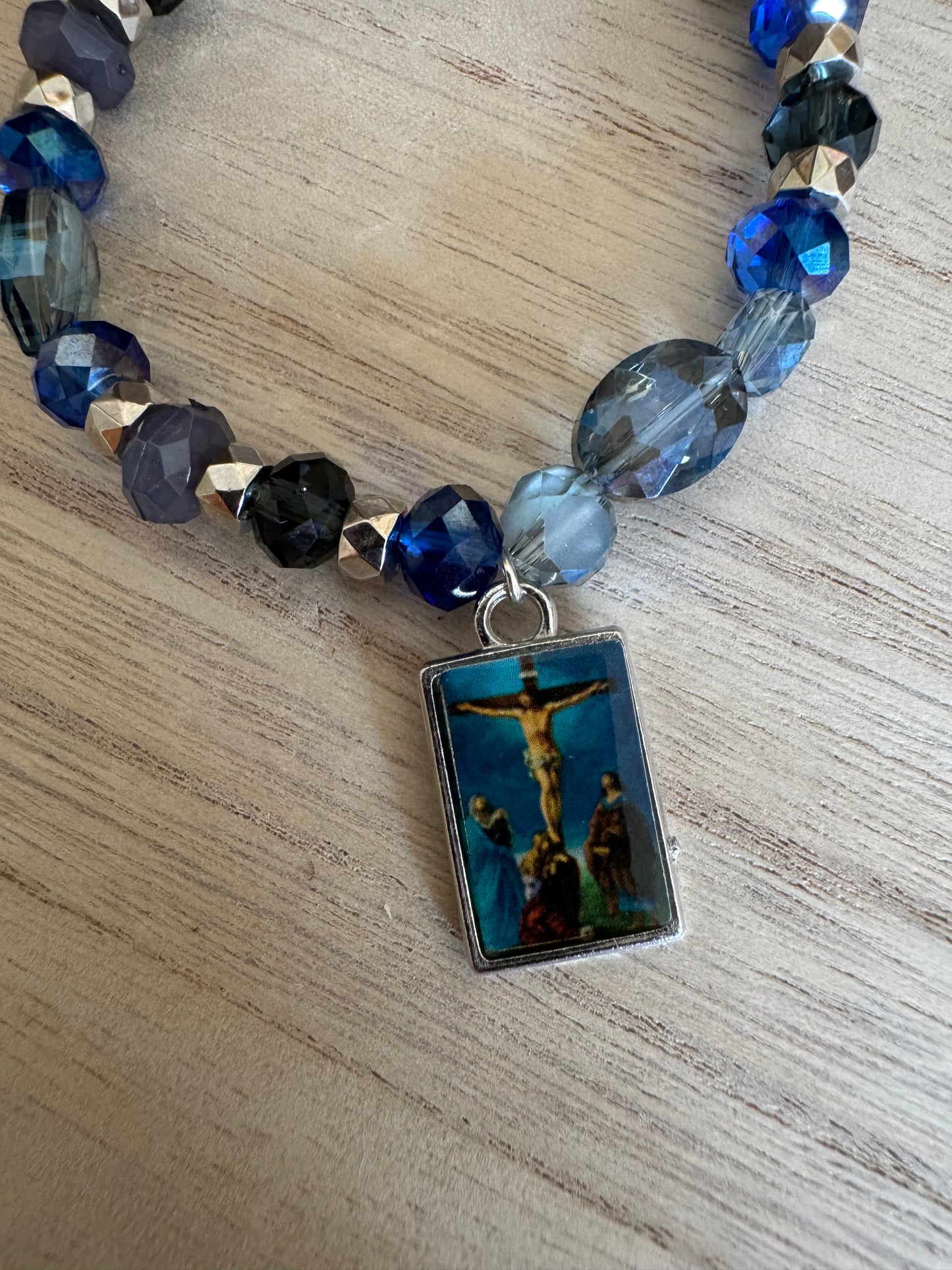 Blue & Silver Sparkly Crucifix Charm Bracelet