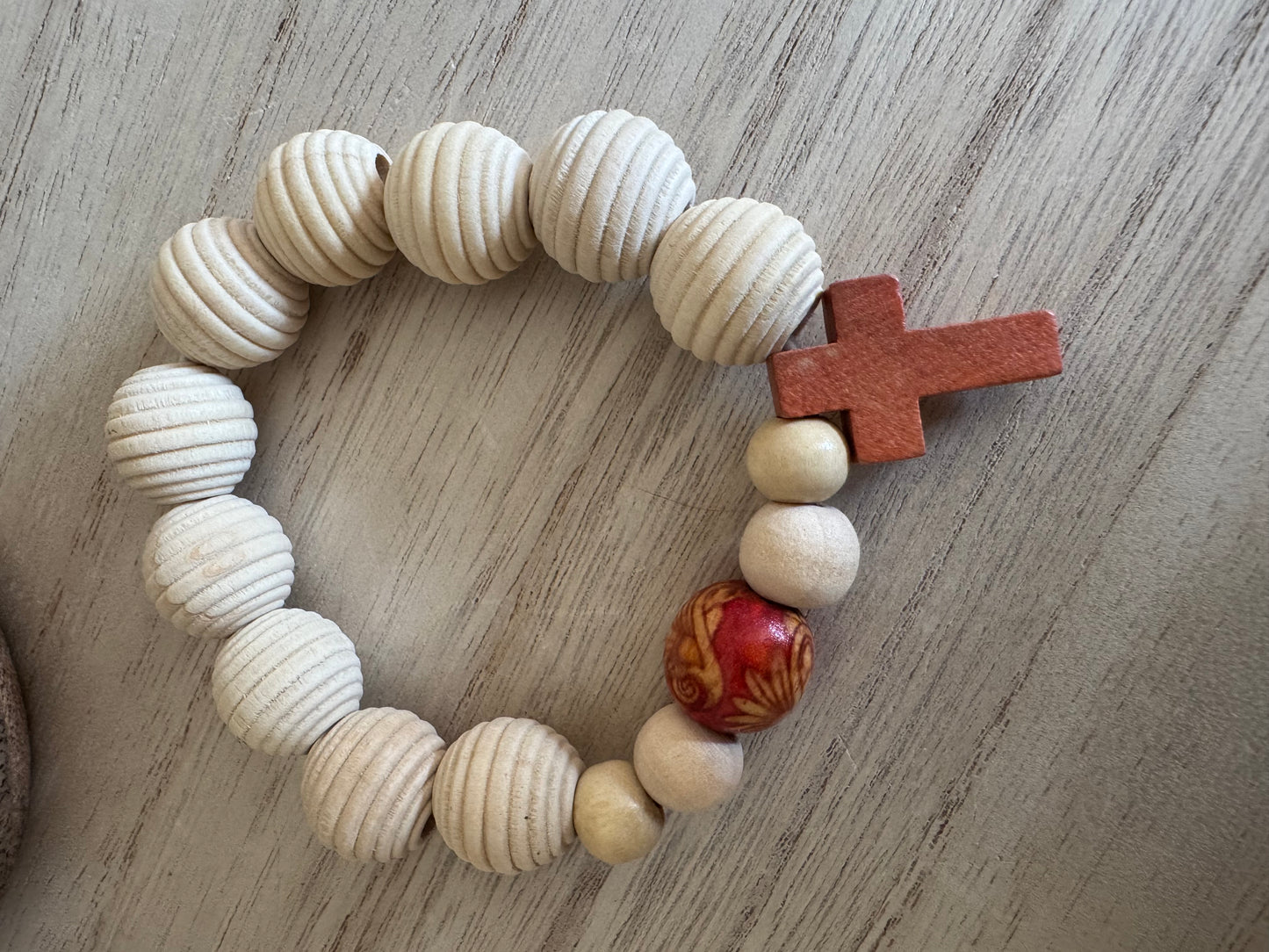 10mm Ribbed Wooden Bead Rosary Bracelet with Red Wooden Cross
