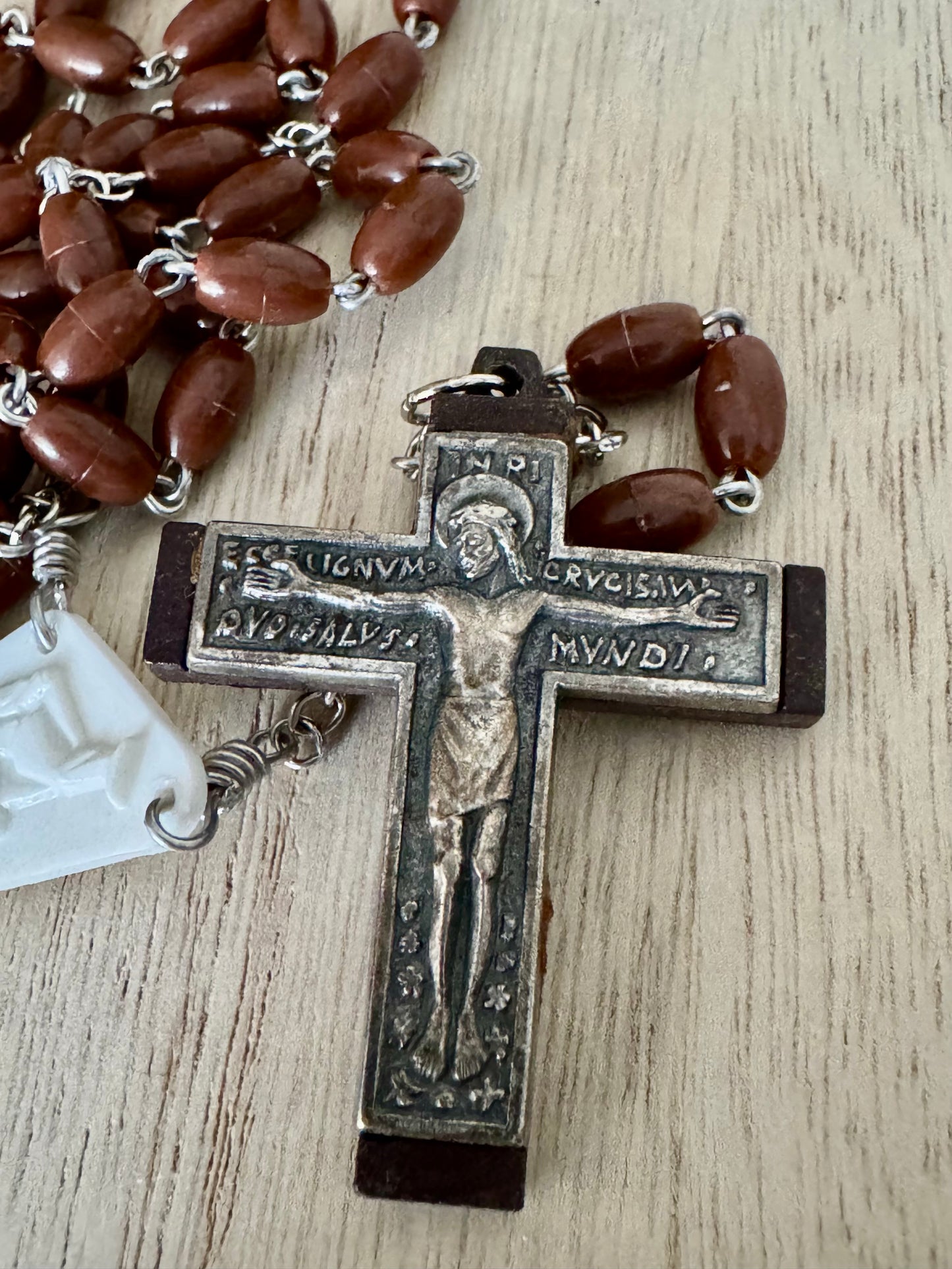 Brown Plastic Rosary with Fernand Py Crucifix – 22 Inches