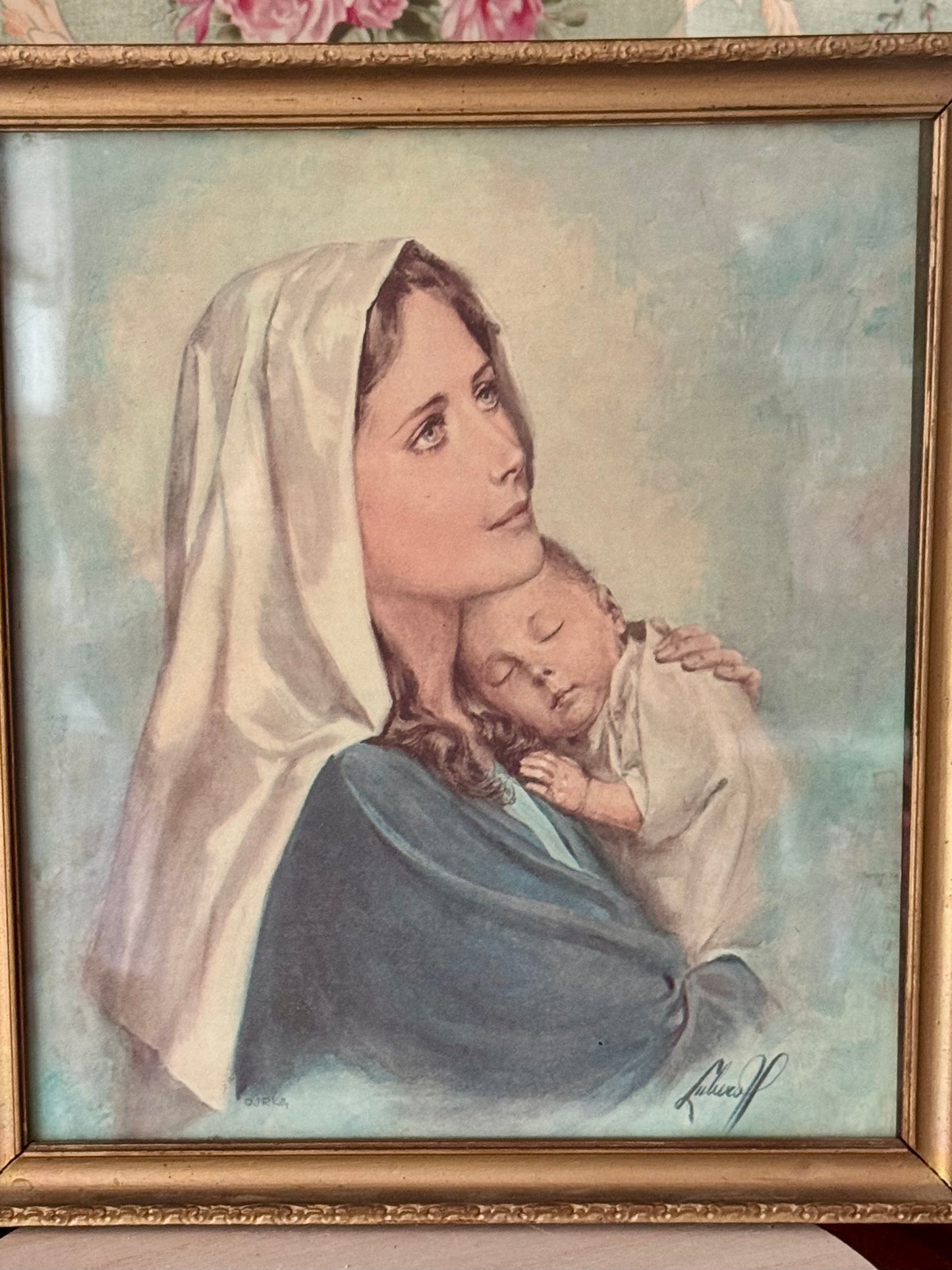 Vintage Portrait of the Virgin Mary Holding the Sleeping Baby Jesus – 11" x 10"