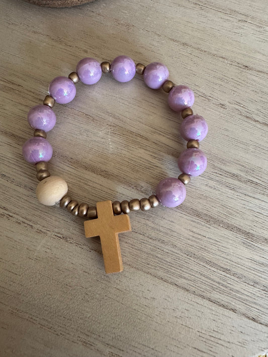 Purple and Gold Rosary Bracelet with Wooden Cross Charm