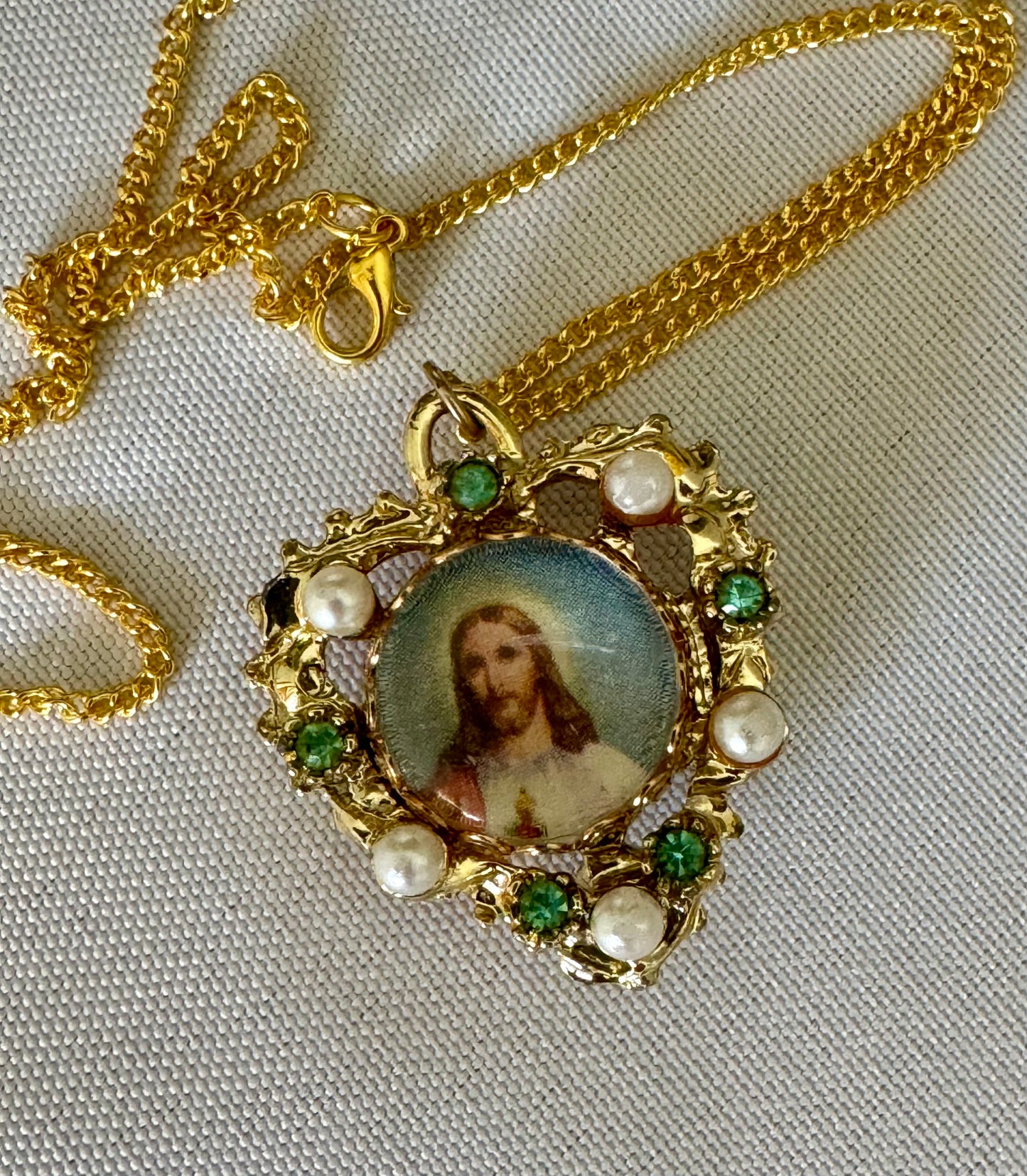 Vintage Blue & Green White Heart shaped Sacred Heart & Immaculate Heart Necklace