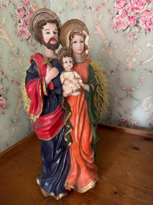 Vintage Hand-Painted Holy Family Resin Statue