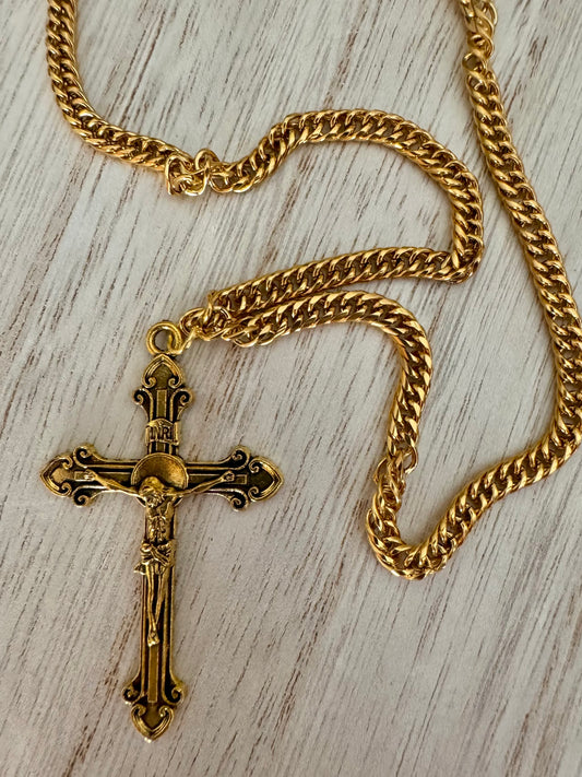18K Gold-Plated Stainless Steel Necklace with Vintage Crucifix Pendant