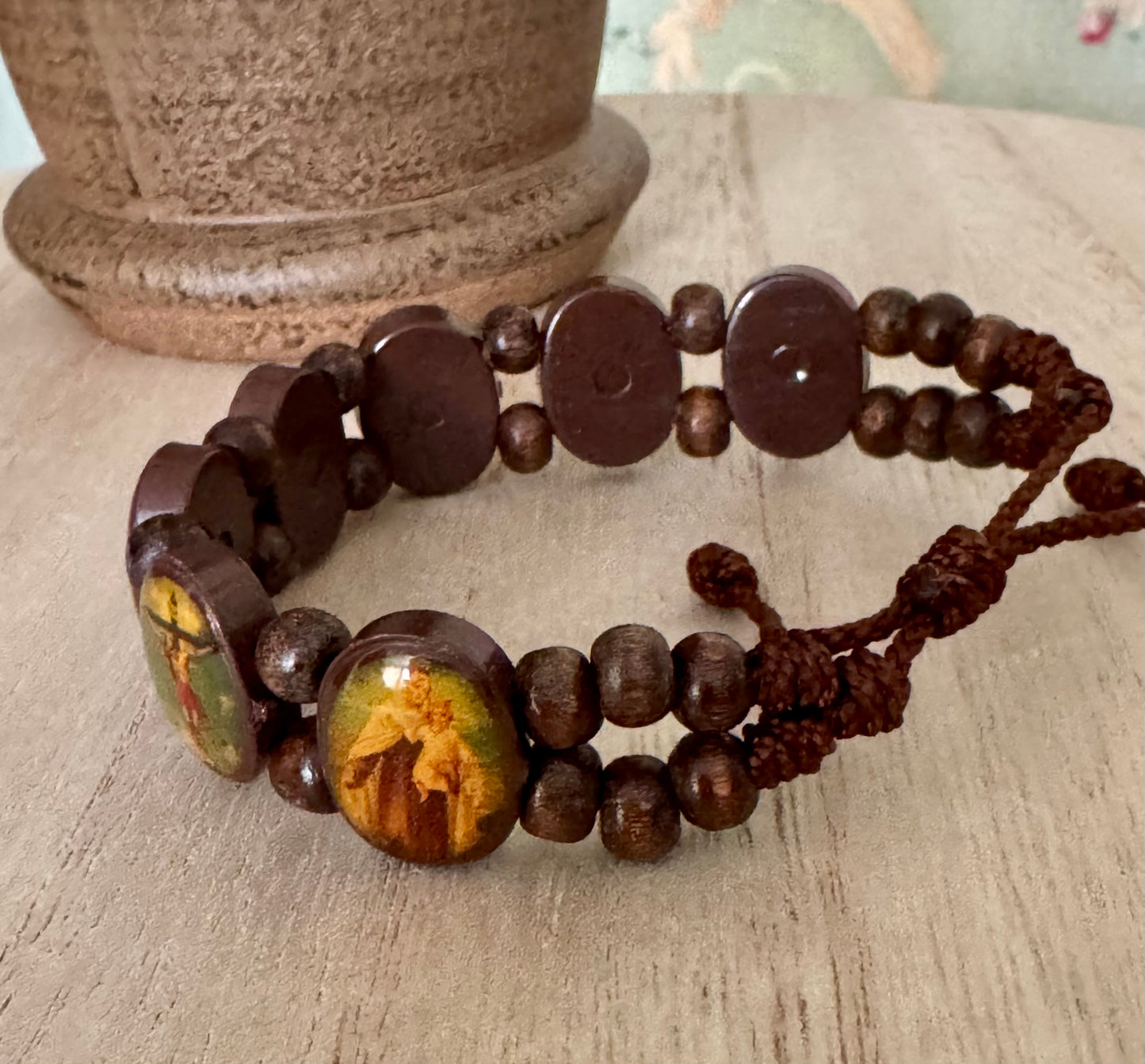 Adjustable Brown Holy Images Bracelet – Plastic & Wood Beads, Vintage Tone