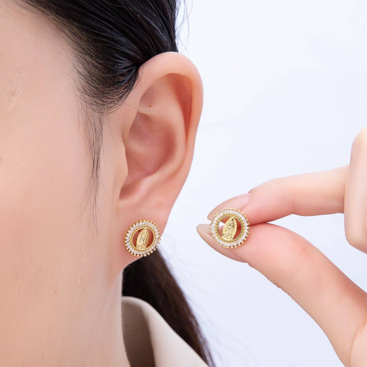 Mother Mary 16K Gold-Filled CZ Religious Stud Earrings