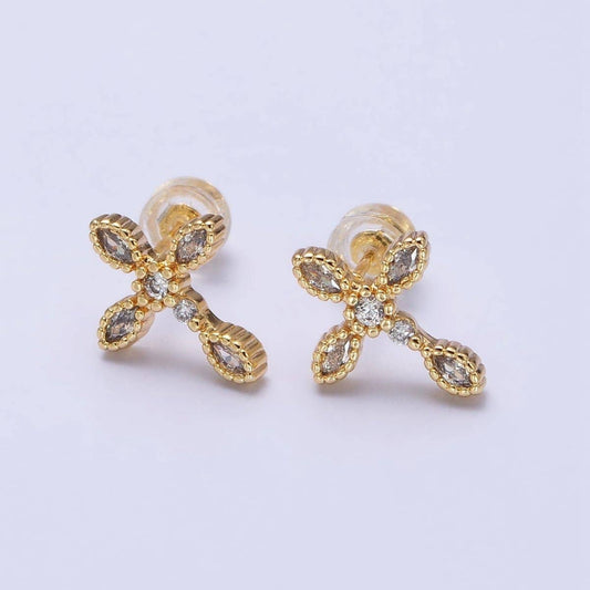 Gold Marquise CZ Religious Cross Stud Earrings