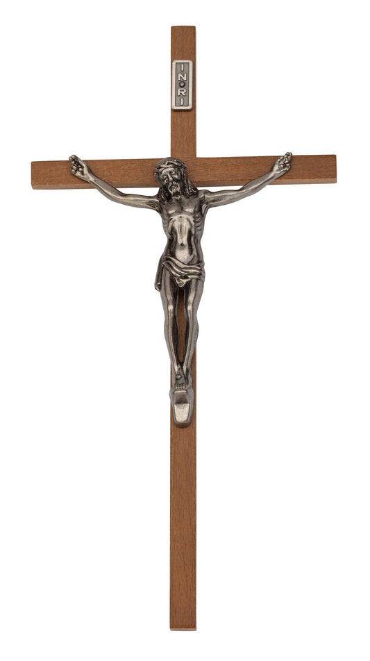 10-Inch Walnut Wood Crucifix with Antique Silver-Tone Corpus