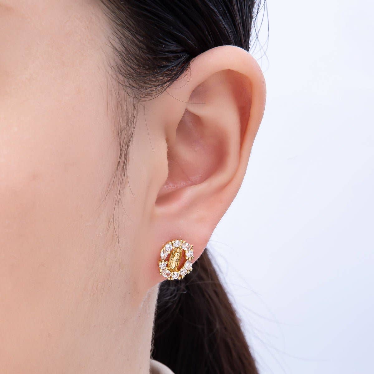Our Lady of Guadalupe 16K Gold-Filled CZ Religious Stud Earrings