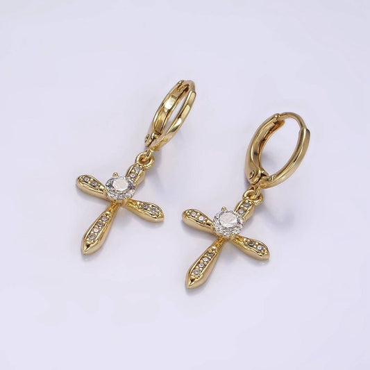 14K Gold-Filled CZ Cross Drop Huggie Earrings