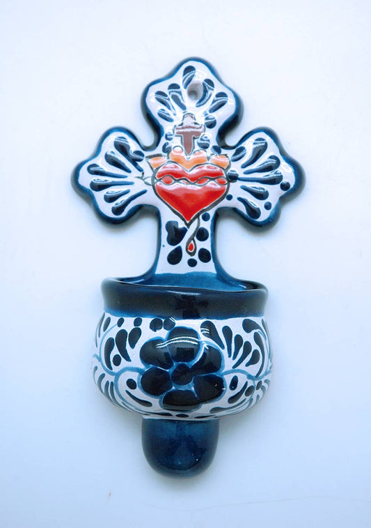 Talavera Holy Water Font – Hand-Painted Sacred Heart – 6 Inch Wall Font – Made in Mexico