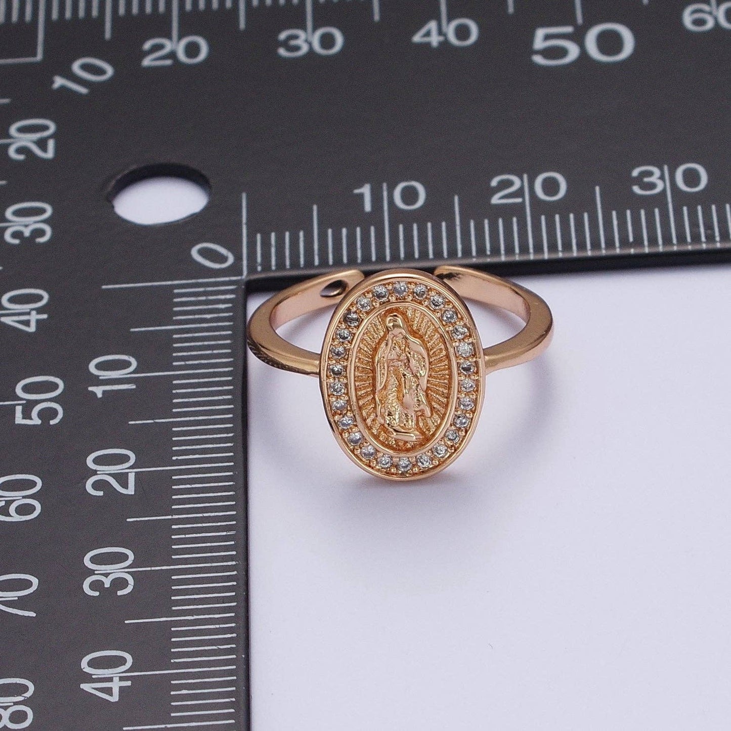 Micro Paved CZ 18K Gold Religious Oval Lady Guadalupe Adjustable